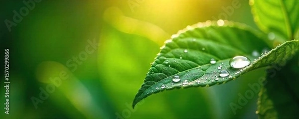 Fototapeta Sunlit Leaf with Sparkling Water Droplets Ethereal Morning Dew, Purity and Renewal