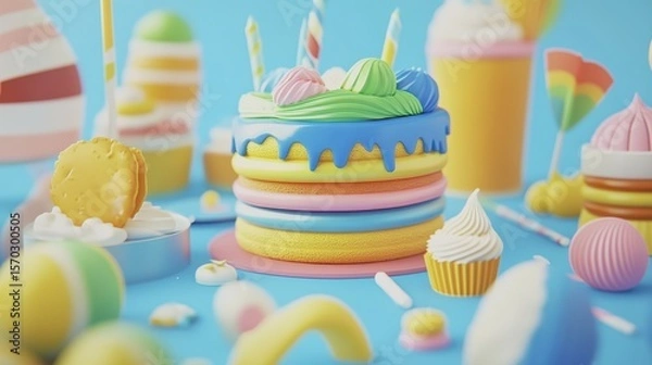 Fototapeta Colorful, stylized sweets arranged on a vibrant backdrop.