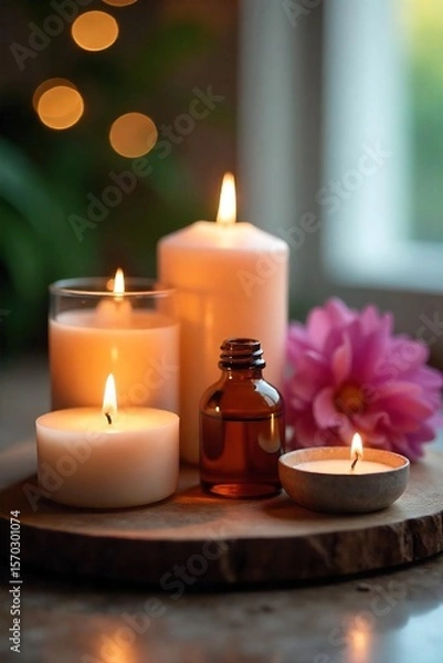 Fototapeta Tranquil Aromatherapy Soothing Oils, Candles, and Diffuser for Spa-Like Relaxation and Self-Care