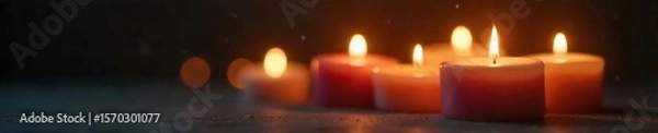 Fototapeta Serene Candlelight Glow Close-Up of Lit Candles Illuminating a Dark Background, Perfect for Relaxation, Meditation, Spa, and Spiritual Themes