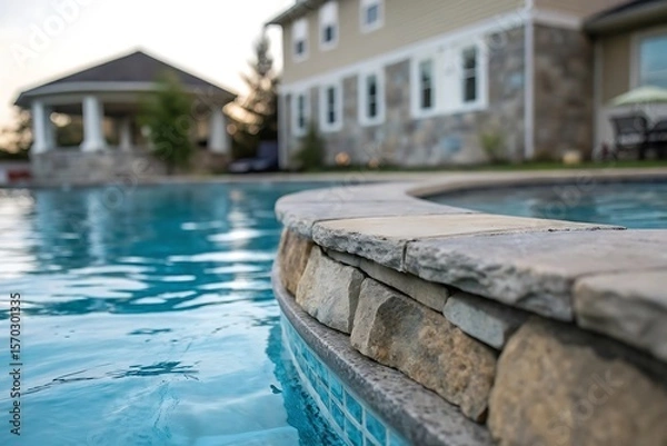 Fototapeta Stunning Close-Up of a Luxurious Swimming Pool's Stone Coping and Sparkling Blue Water