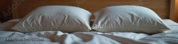Fototapeta Cozy Couple Pillows Nestled on Bed Soft Light, Intimate Atmosphere, Perfect for Relaxation and Peaceful Sleep
