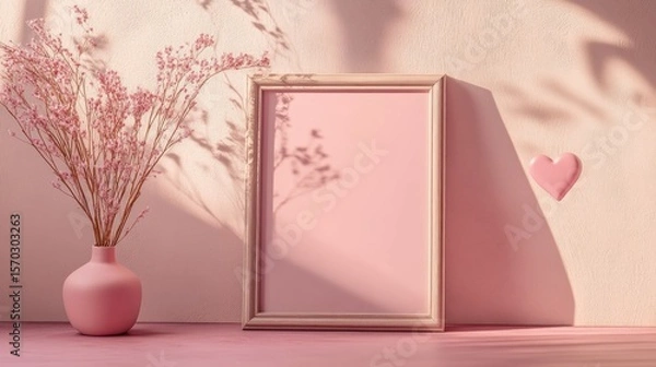 Fototapeta Pastel pink minimalist scene with a frame, vase, and flowers