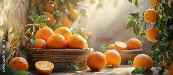 Fototapeta Fresh oranges in a basket, sunlight