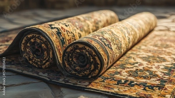 Fototapeta Rolled carpets, intricate patterns, displayed on stone