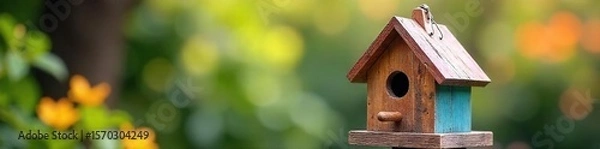 Fototapeta Rustic Wooden Birdhouse Charming Nature-Inspired Home Decor for Spring and Summer. Perfect for gardens, porches, or indoor spaces, adding a touch of farmhouse charm to any room.