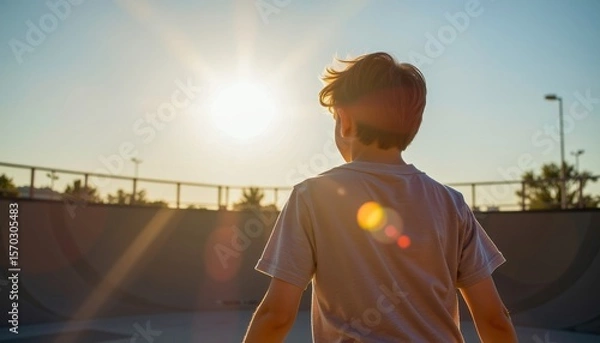Obraz Meditation in urban life concepts. A young boy stands in a skate park, facing the sun during a golden hour.