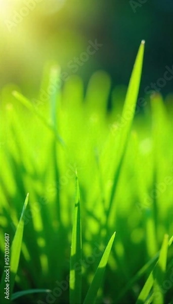 Fototapeta Sunlit Green Grass Blades Gently Swaying in a Summer Breeze, Tranquil Nature Scene of Renewal and Serenity