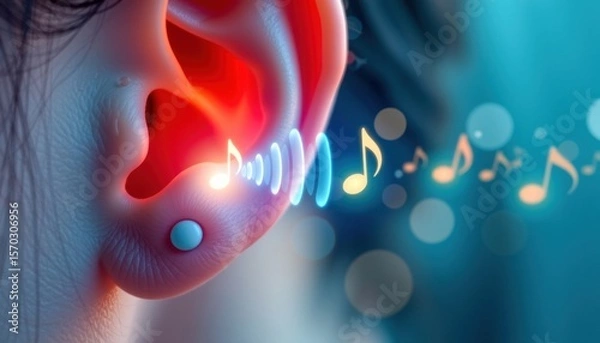 Obraz Meditation in urban life concepts. Close-up of an ear with sound waves and musical notes visualized around it.