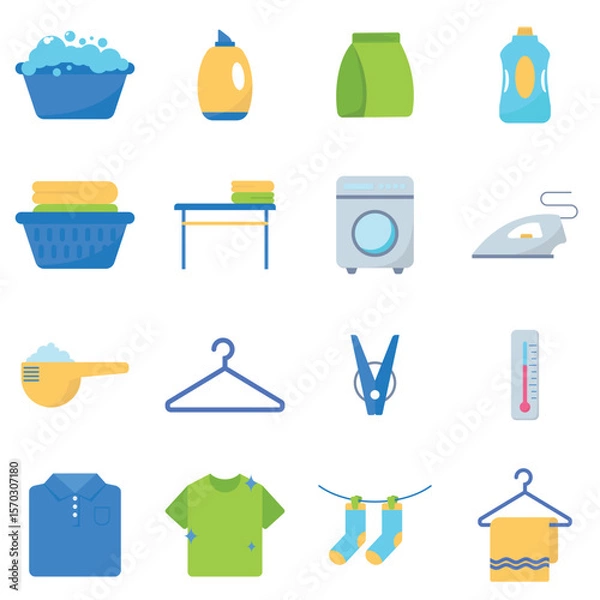 Fototapeta Colorful Flat Laundry Icon Set – Washing Machine, Detergent, Iron, Clothes Hanger, Soap, and Cleaning Elements for Housework and Home Chores Design Projects