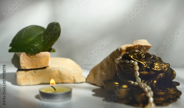 Fototapeta Jade turtle on stone podium, mascot symbolizing prosperity, success and longevity. The Money Frog, Three-Legged Toad or Chan Chu, charm. Wealth, prosperity. Attract financial opportunities. Candleligh
