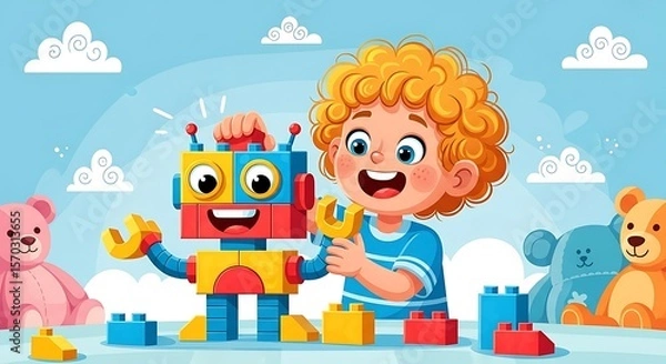 Fototapeta Happy Child Playing with Robot Toy and Building Blocks Fun Educational Illustration