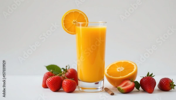 Fototapeta Fresh orange juice served in tall glass, garnished with slice of orange, accompanied by ripe strawberries. This vibrant drink is perfect for refreshing breakfast or snack