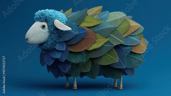 Fototapeta A sheep, its wool replaced by multicolored textured leaves, stands against a clean cyan backdrop - Generative AI