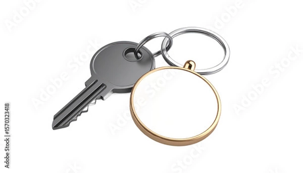 Fototapeta Silver Key And Golden Keychain With Copy Space Isolated Transparent Background