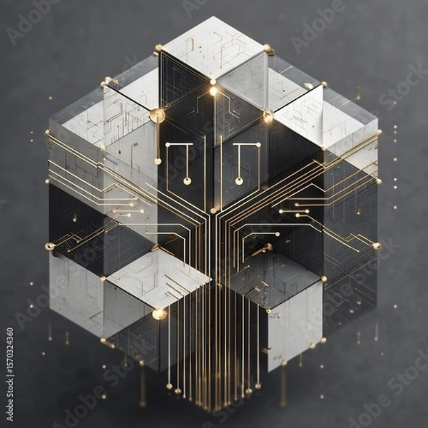 Fototapeta Abstract Cubic Network with Golden Lines