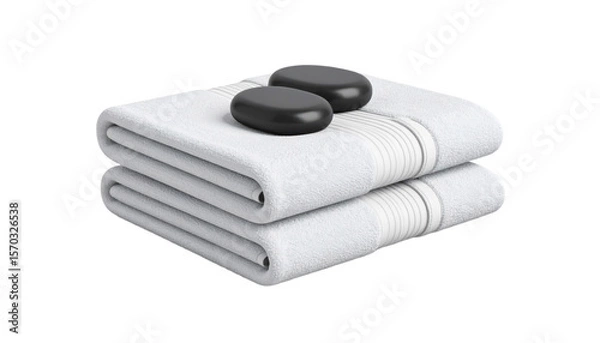 Fototapeta Stack Of White Folded Towels And Black Spa Stones Isolated Transparent Background