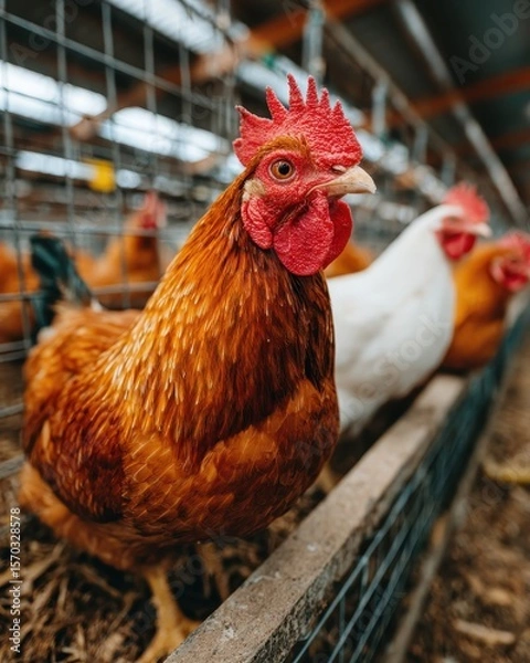Fototapeta Captivating Portrait of a Brown Rooster with a Vibrant Red Comb, Surrounded by Hens in a Farm Setting