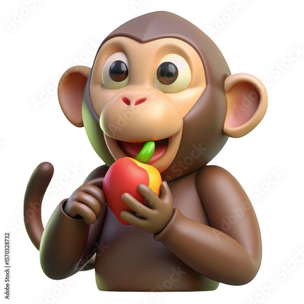 Fototapeta 3D Cartoon monkey eating apple isolated on transparent background. use cases: stickers, emoji.