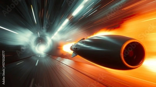 Fototapeta A dynamic cinematic depiction of a rocket breaking the sound barrier, captured with film-like lighting and shallow depth of field, emphasizing motion blur and intense energy