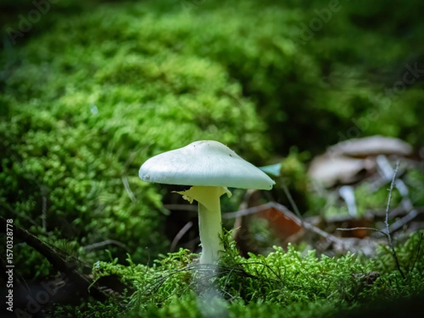 Fototapeta Mushroom on a mossy log in the forest