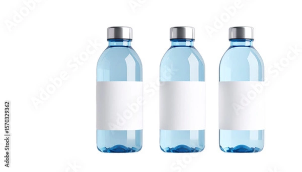 Fototapeta Three Blue Water Bottles With Blank White Labels and Silver Caps Isolated Transparent Background