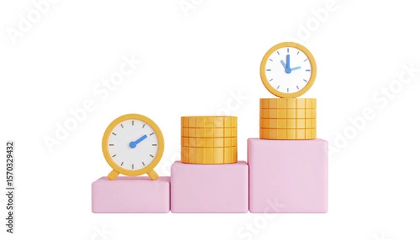 Fototapeta Three Clocks Placed On Pink Platforms Representing Time Management Against A Transparent Background Isolated Transparent Background