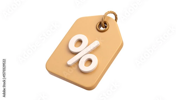 Fototapeta Three Dimensional Beige Price Tag With White Percentage Symbol Attached With Rope Isolated Transparent Background