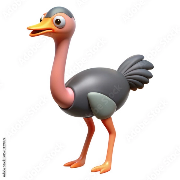Fototapeta 3D Cartoon ostrich isolated on transparent background for educational use.