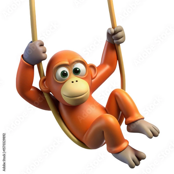 Fototapeta 3D Cartoon orangutan swinging isolated on transparent background, use cases: design, education