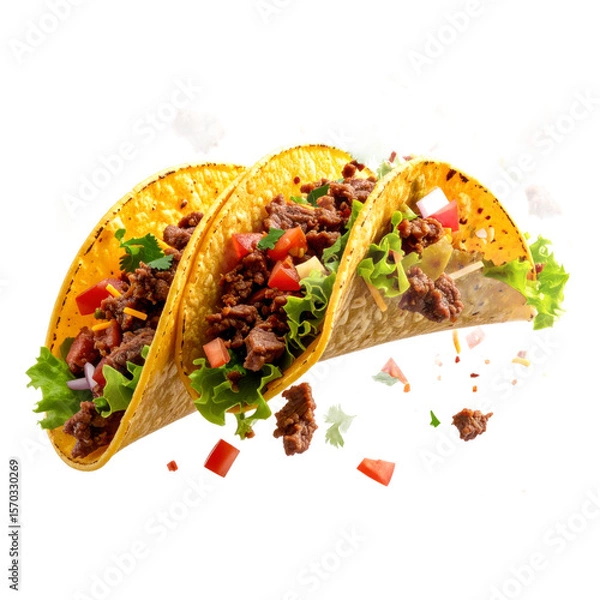 Fototapeta Three Filled Tacos with Meat Vegetables and Herbs on a Transparent Background