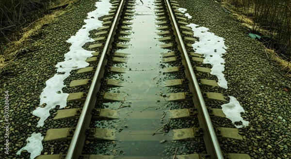 Fototapeta Railroad Track Meltdown: An Artistic Vision of Thawing Winter Landscape on Railway