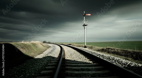 Fototapeta Railroad Tracks Journeying Through Fields Under Dramatic Sky Setting Landscape