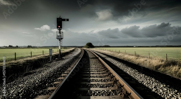 Fototapeta Railroad Tracks Under A Dramatic Sky Leading Towards The Horizon On A Moody Day