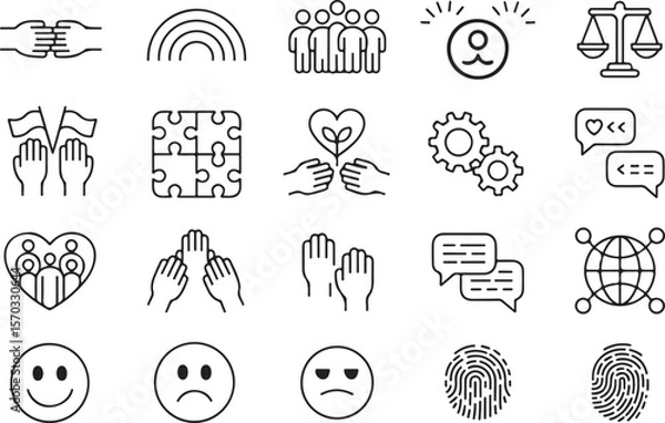 Fototapeta Diversity and inclusion line icon set. Vector pictograms of unity, equality, multicultural collaboration, raised fists, interconnected hands
Keywords: