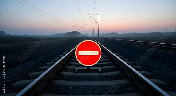 Fototapeta Railway No Entry Concept at Dawn Warning Metaphor Stop Forbiddance