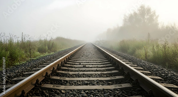 Fototapeta Railway Tracks Disappearing Into Fog In Rural Setting Leading Into Horizon