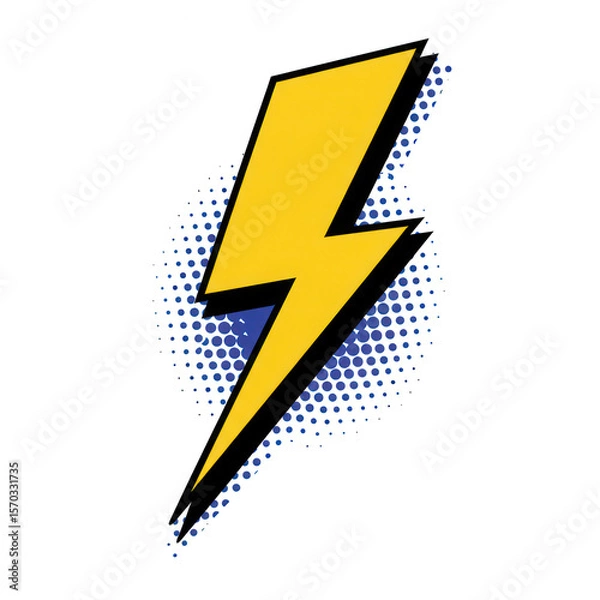 Fototapeta Bold yellow lightning bolt with blue halftone pattern isolated on transparent background
