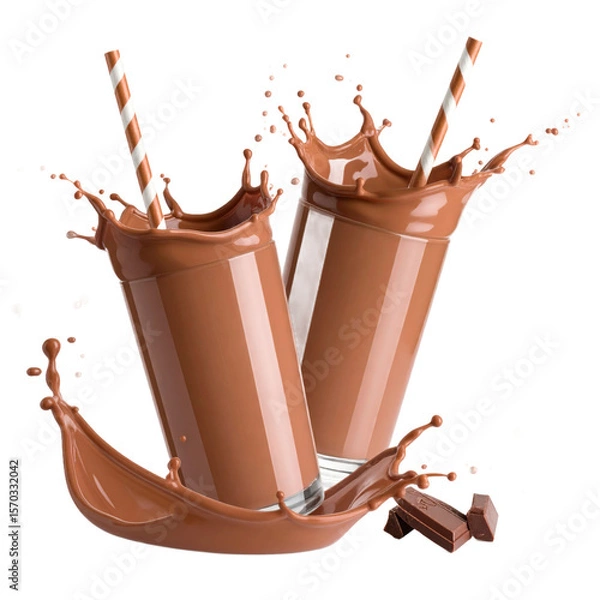 Fototapeta Two Glasses Of Chocolate Milk With Straws And Splash Isolated Transparent Background
