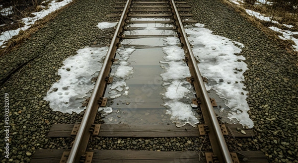 Fototapeta Railway Tracks Partially Covered With Melting Snow in Early Spring Season