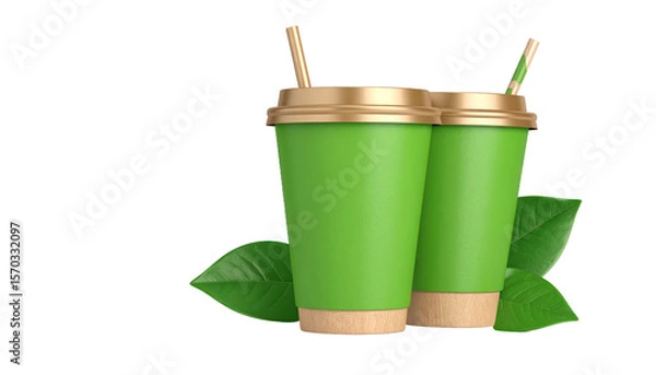 Fototapeta Two Green Cups With Golden Lids And Straws Beside Fresh Green Leaves Isolated Transparent Background