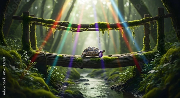 Fototapeta Rainbow Beams Illuminate a Turtle's Forest Crossing On A Mossy Woodland Bridge