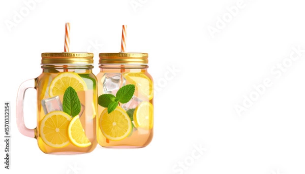 Fototapeta Two Mason Jars With Lemon Slices Mint Ice Cubes And Straws On Transparent Background Isolated Transparent Background
