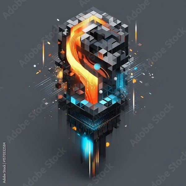Fototapeta Abstract Digital Data Cube with Orange Stream