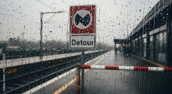 Fototapeta Rainy Day Reflection On Detour Sign At Empty Railroad Station Platform