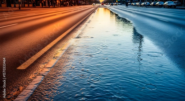 Fototapeta Rainy Reflections On The Street During Sunset After Rain With Vehicle Traffic