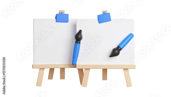 Fototapeta Two White Easels With Blue Paintbrushes Ready For Art Creation Against Transparent Background Isolated Transparent Background