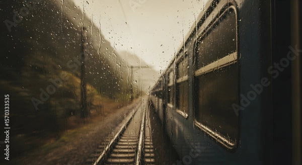 Fototapeta Rainy Train Journey Through Misty Mountains From The Cabin View On A Cloudy Day
