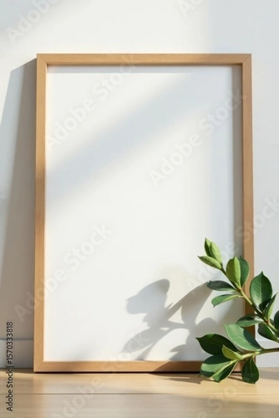 Fototapeta Clean aesthetic, frame mockup showcases print, eucalyptus adds freshness , home, artwork, room