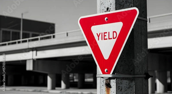 Fototapeta Red And White Yield Sign Affixed To Pole Near Overpass Structure